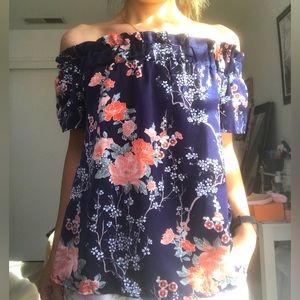 Navy floral Satin off-shoulder short sleeve blouse with elastic band barely used